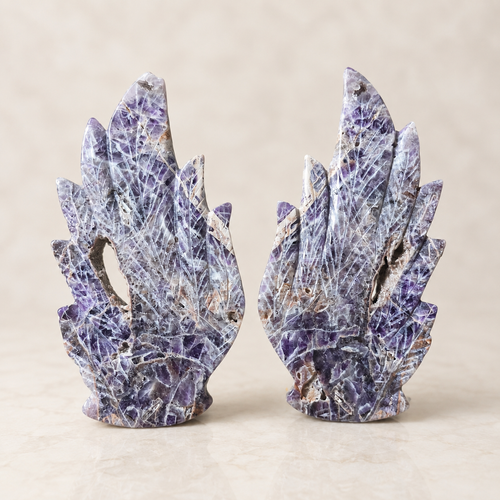 Chevron Amethyst crystal wing carving with purple and white banding