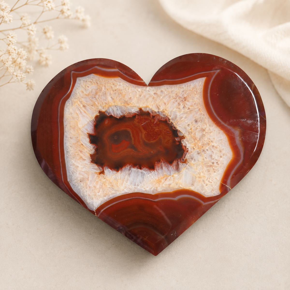 500g Carnelian Agate heart crystal with orange-red banding and druzy