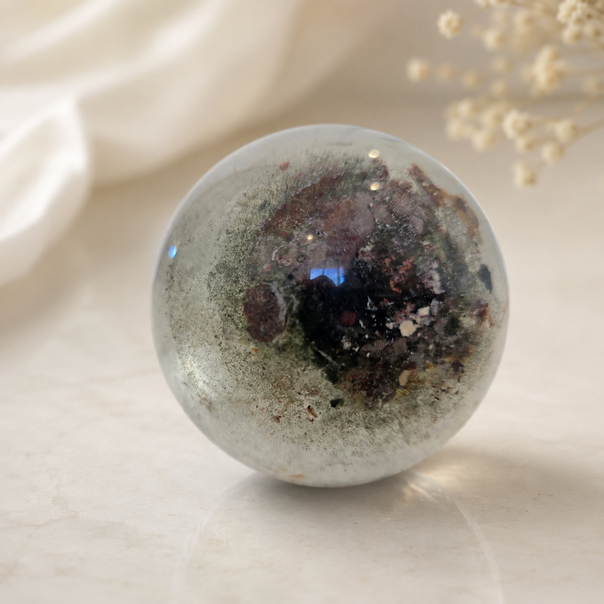 628g Lodolite Garden Quartz sphere with landscape-like natural inclusions
