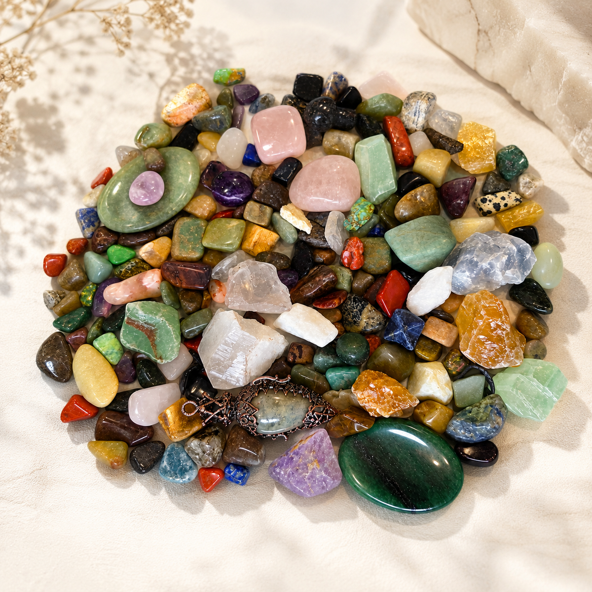 Large mixed crystal scoop with assorted tumbles chips raws and carvings
