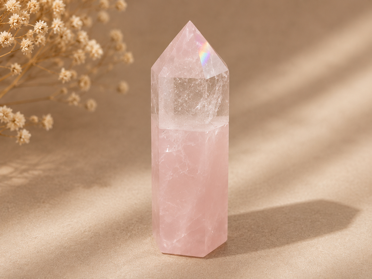 Rose Quartz and Clear Quartz crystal tower in blush and icy clear tones