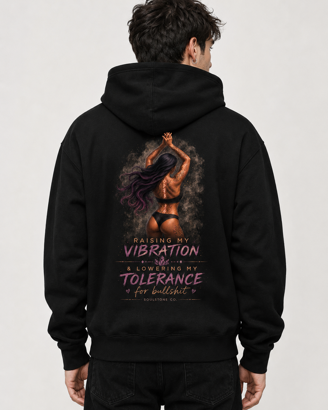 Raising My Vibrations spiritual hoodie design by SoulStone Co
