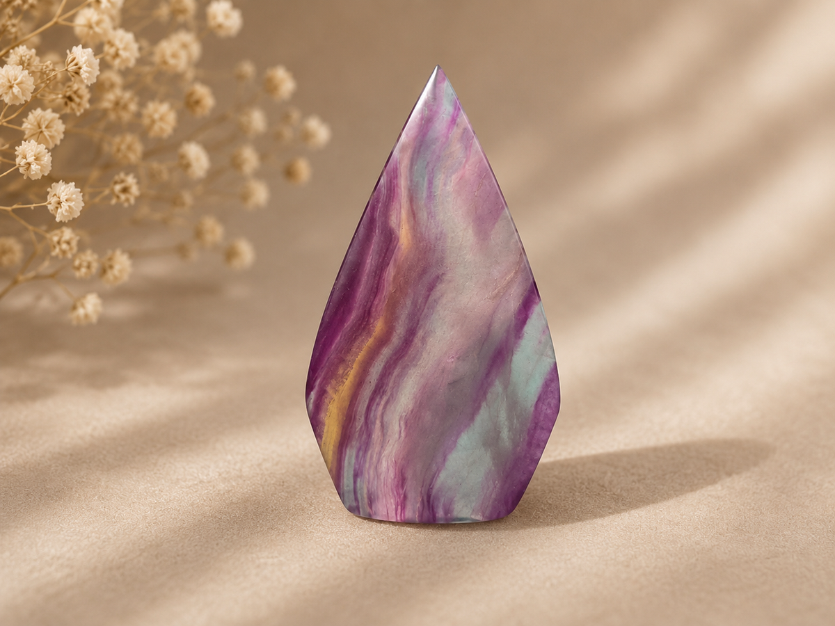 Fluorite Flame 1 polished crystal carving with green and purple banding
