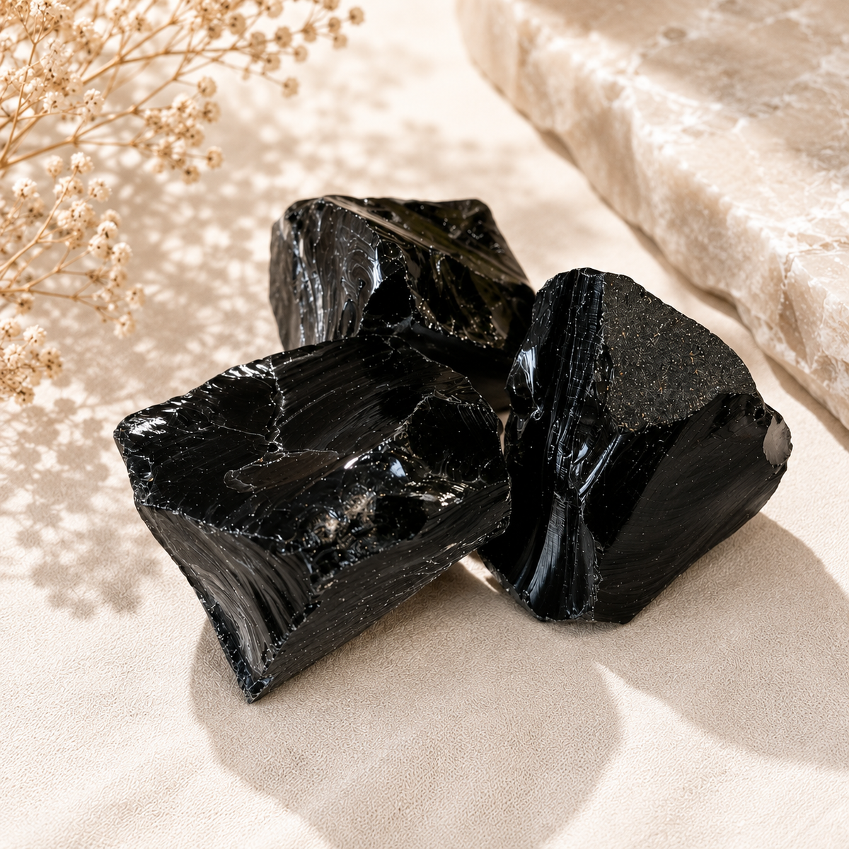 Raw Black Obsidian crystal chunk with deep black glassy texture