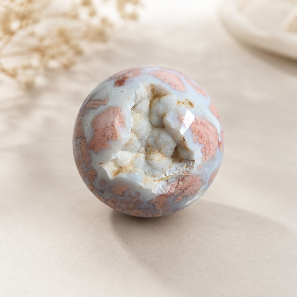 422g Pink Agate crystal sphere with salmon tones and cream banding