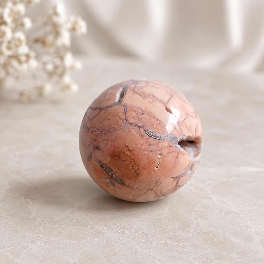 446g Pink Agate crystal sphere with peach tones and natural cavities