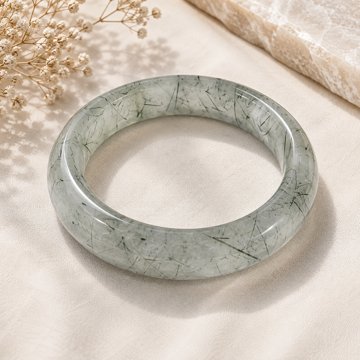 Green Rutilated Quartz polished crystal bangle with needle-like inclusions