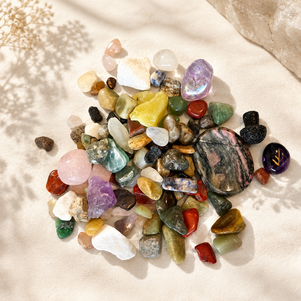 Mixed crystal scoop with assorted tumbles chips raw pieces and mini carvings