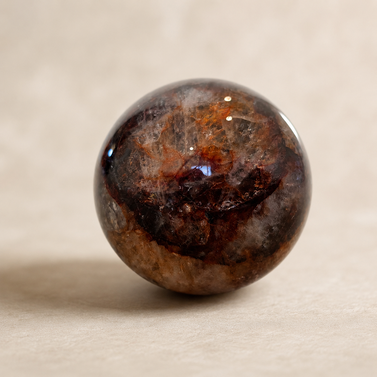 409g Fire Quartz sphere with smoky quartz and red hematite inclusions