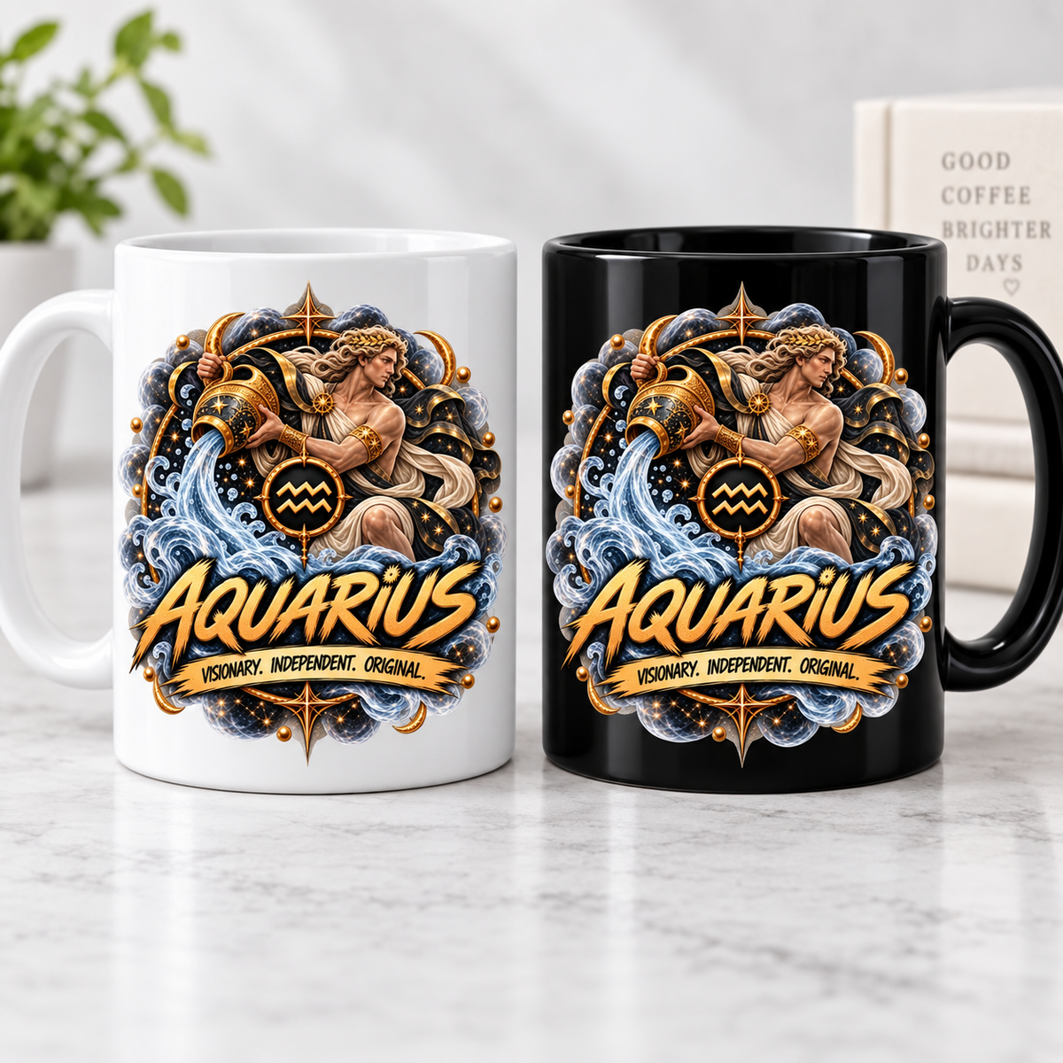 Aquarius Zodiac coffee mug mockup in black and white - SoulStone Co.