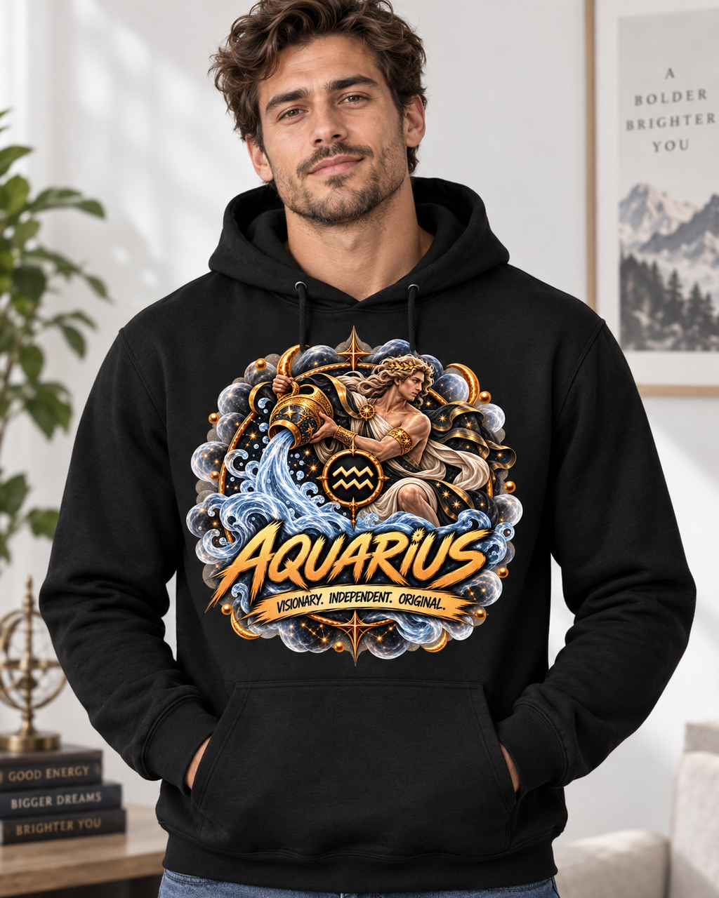 Aquarius Zodiac black hoodie model mockup - SoulStone Co.