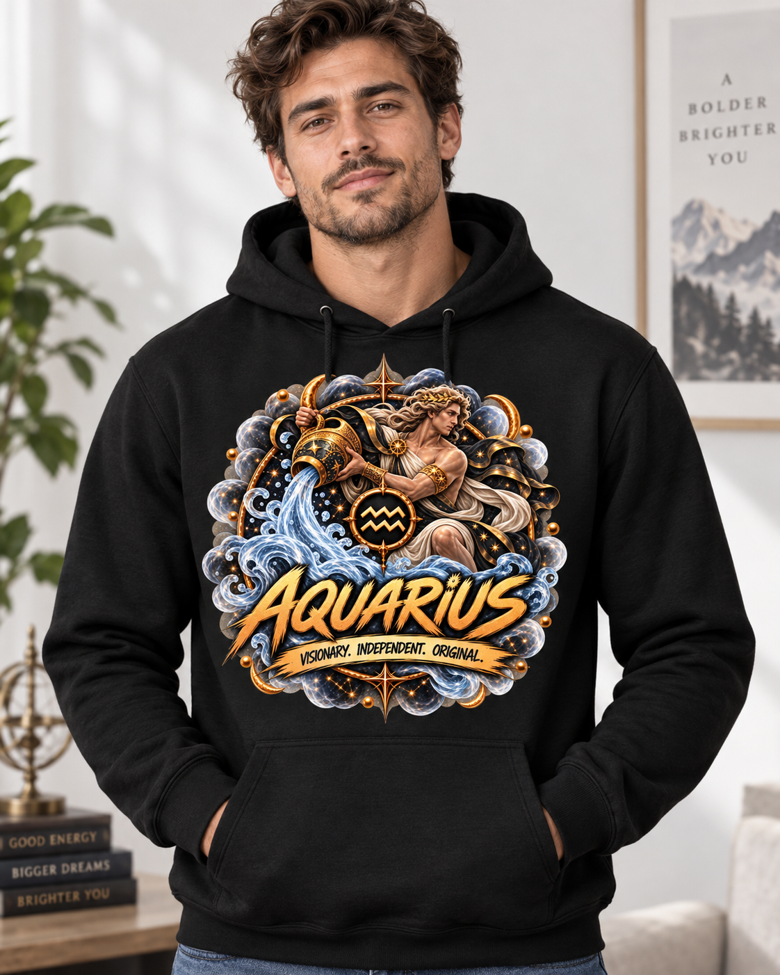 Aquarius Zodiac black hoodie model mockup - SoulStone Co.