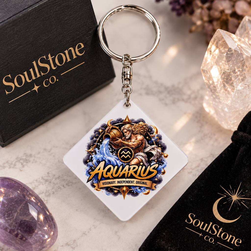 Aquarius Zodiac square metal keyring mockup - SoulStone Co.