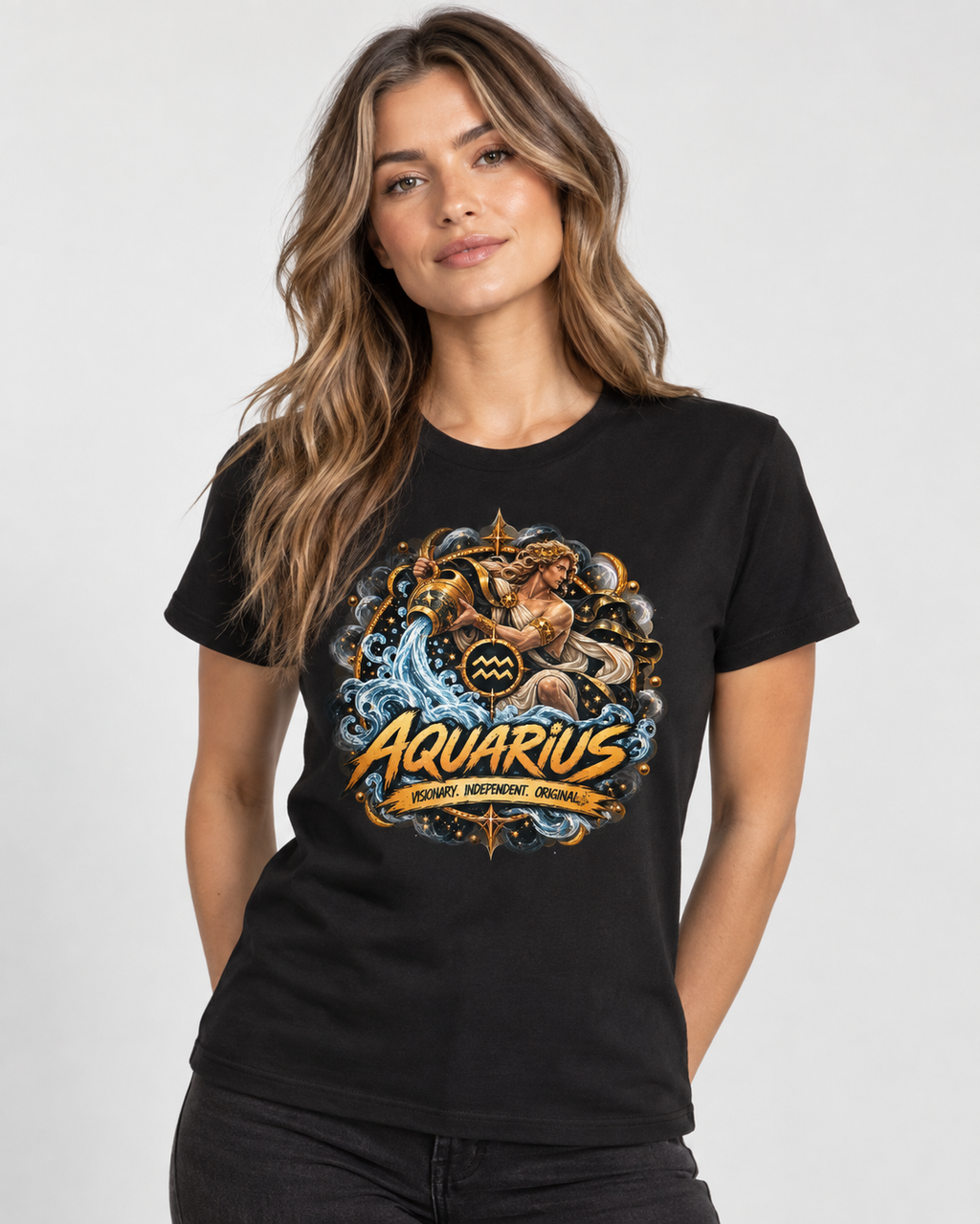 Aquarius Zodiac T-Shirt — black shirt, front design