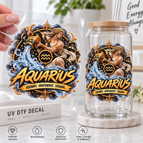 Aquarius Zodiac UV DTF transfer mockup - SoulStone Co.