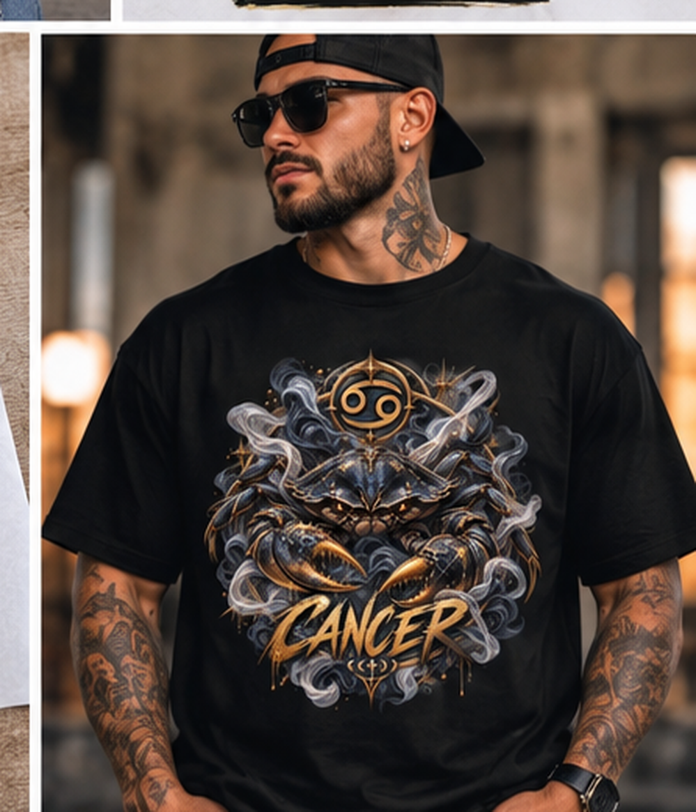 Cancer Zodiac black T-shirt on male model
