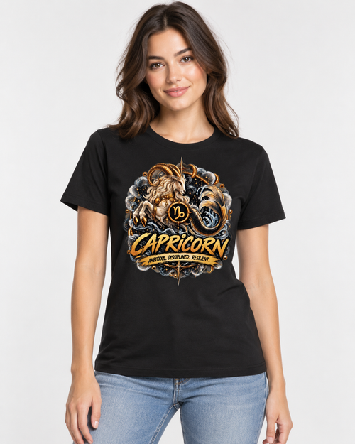 Capricorn Zodiac T-Shirt — black shirt, front design