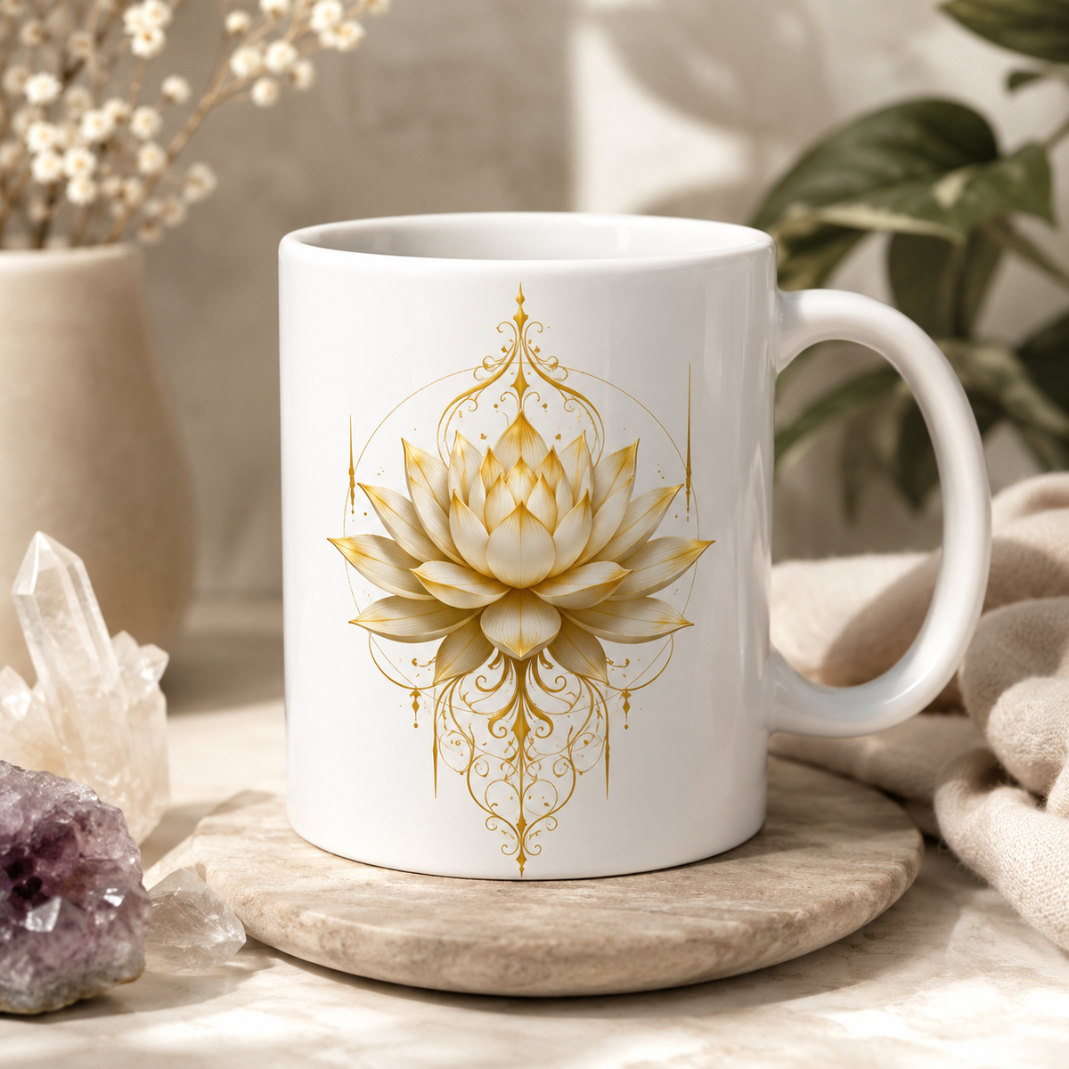 Golden Lotus design on a white coffee mug