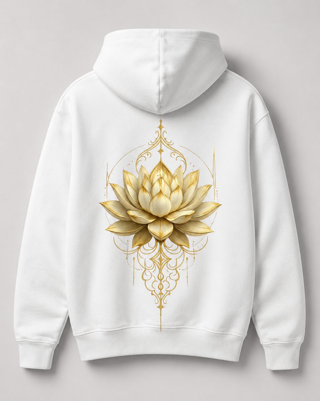 Golden Lotus design on the back of a white hoodie