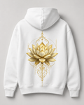 Golden Lotus design on the back of a white hoodie
