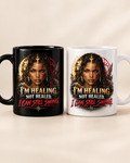 I'm Healing Not Healed warrior goddess black and white mug mockup