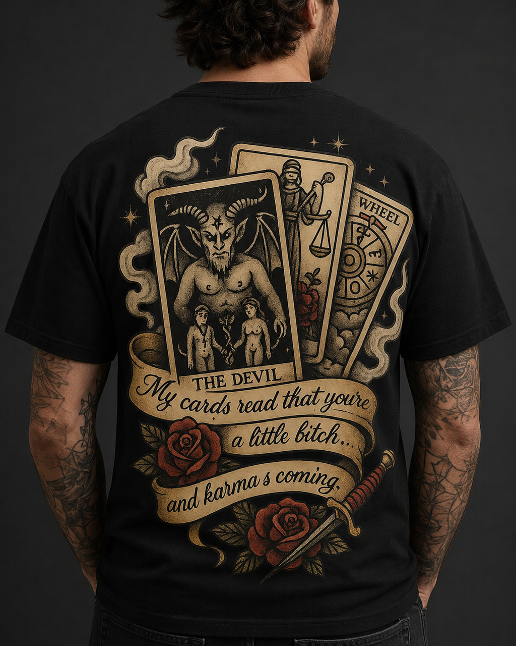 Karma's Coming tarot T-shirt black back mockup