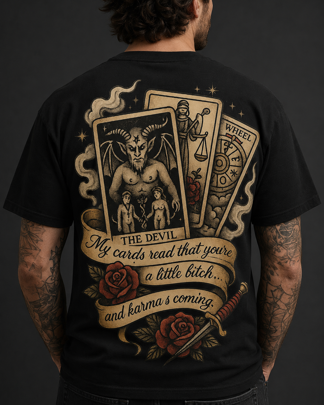 Karma's Coming tarot T-shirt black back mockup