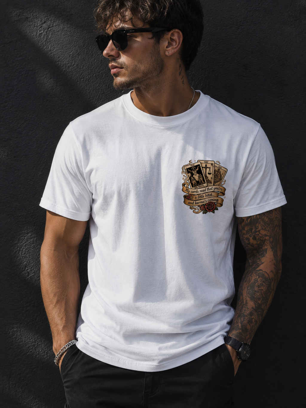 Karma's Coming tarot T-shirt white front mockup