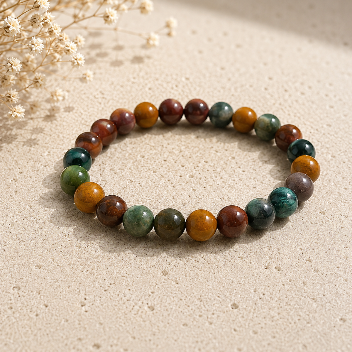 Fancy Jasper polished bead crystal bracelet in earthy mixed tones