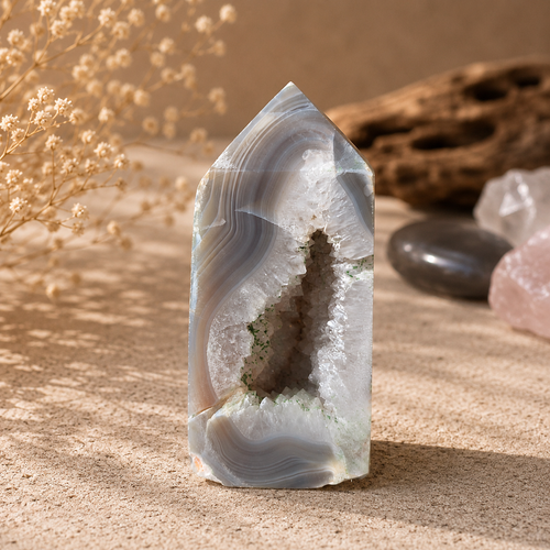 Agate Druzy Tower with natural crystal-lined cavity by SoulStone Co