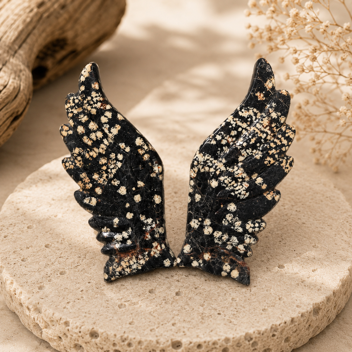 Snowflake Obsidian crystal wings with black and creamy-white markings