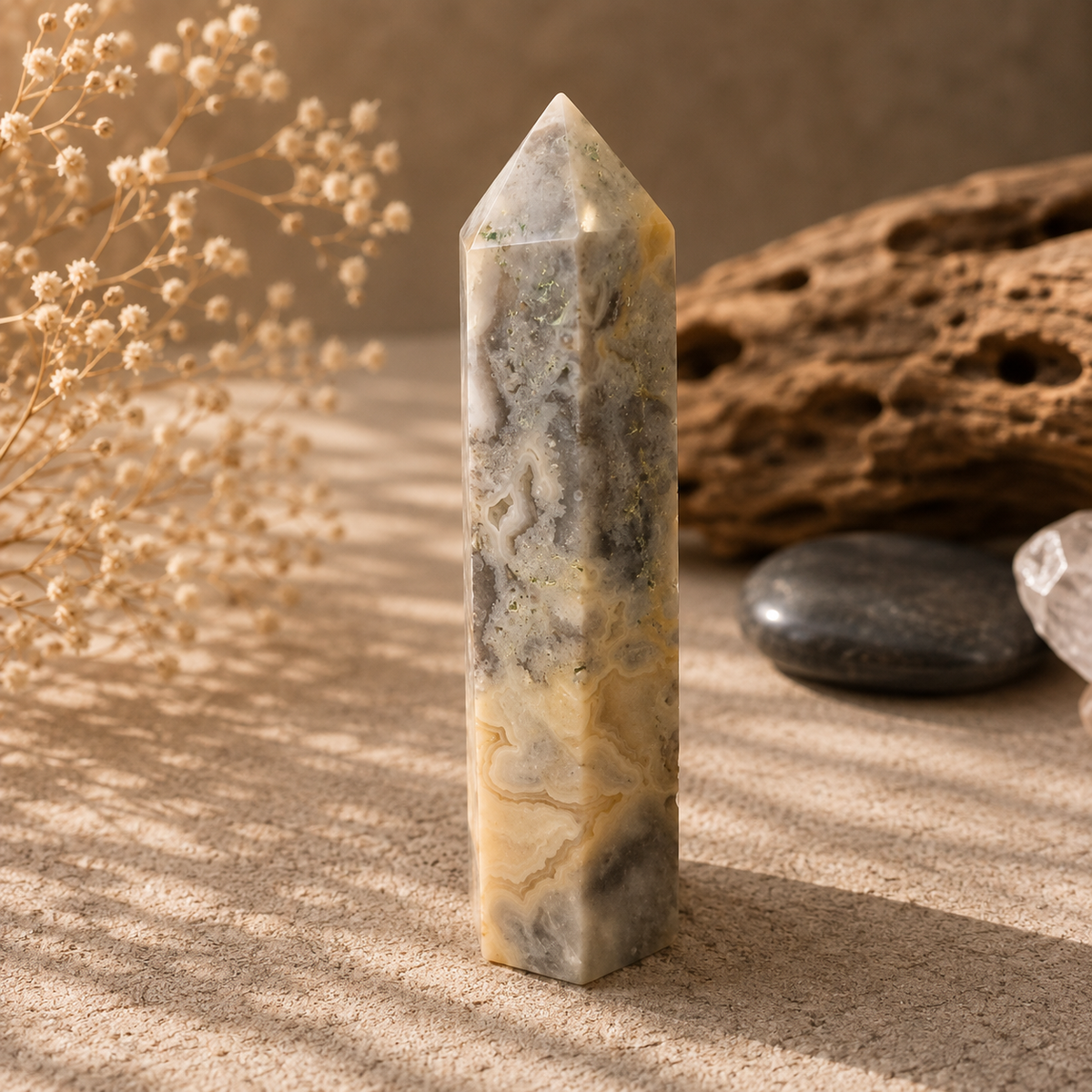 53g Crazy Lace Agate crystal tower with cream and honey banding