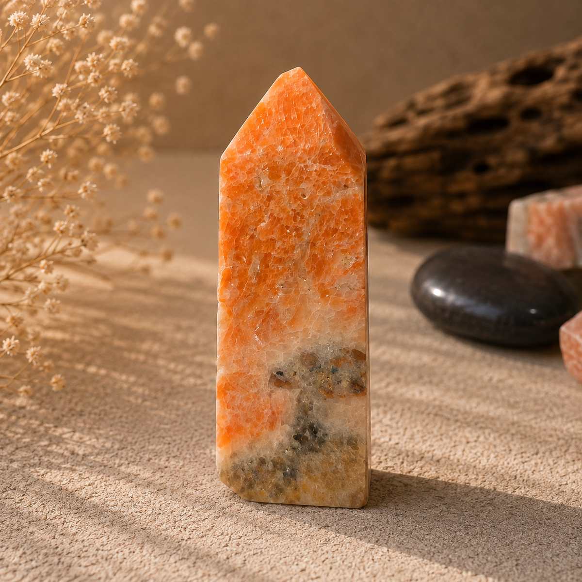 169g Orange Calcite crystal tower in orange cream and peach tones