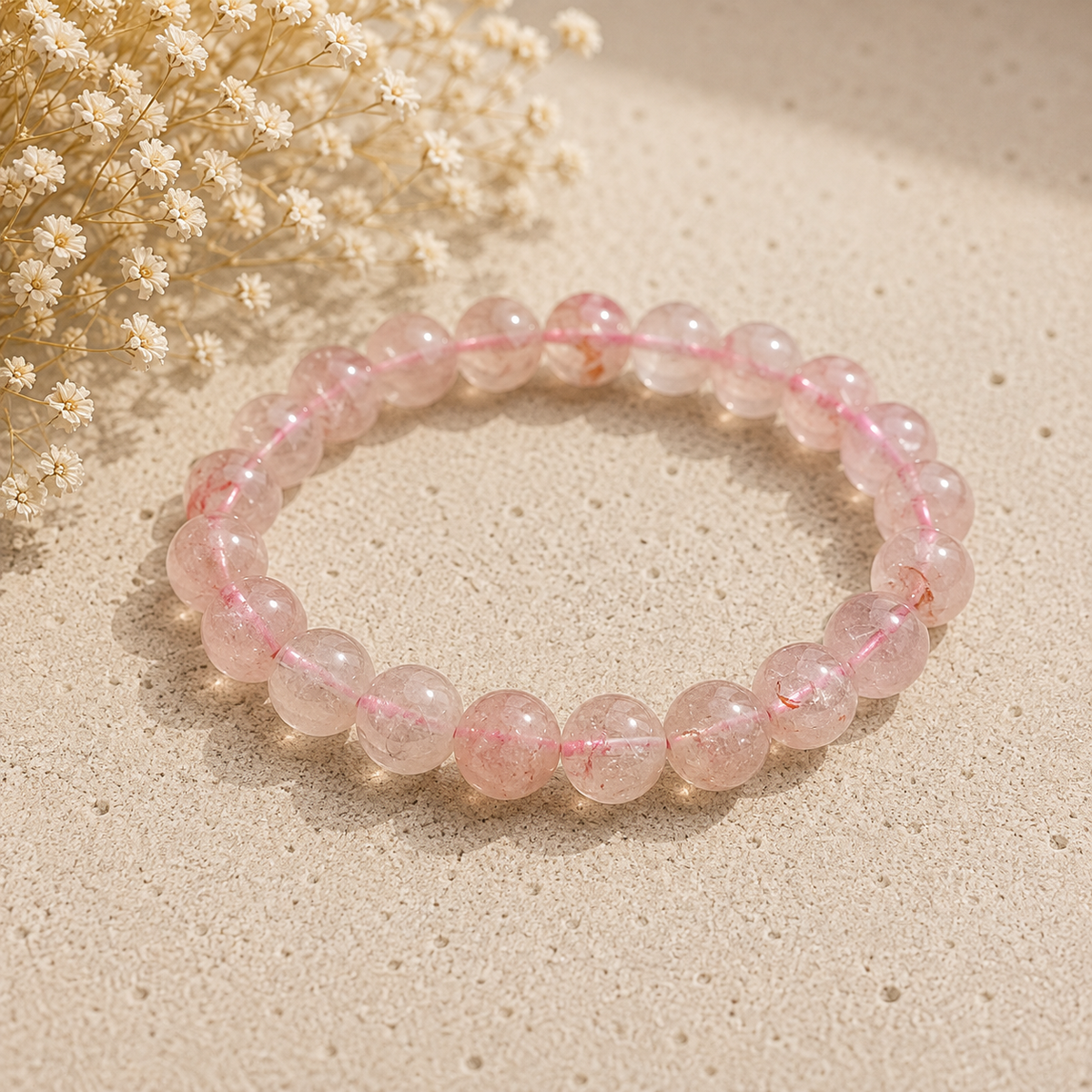 Strawberry Quartz polished bead crystal bracelet in translucent pink