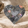 Labradorite crystal pieces in a black resin heart with rainbow flash