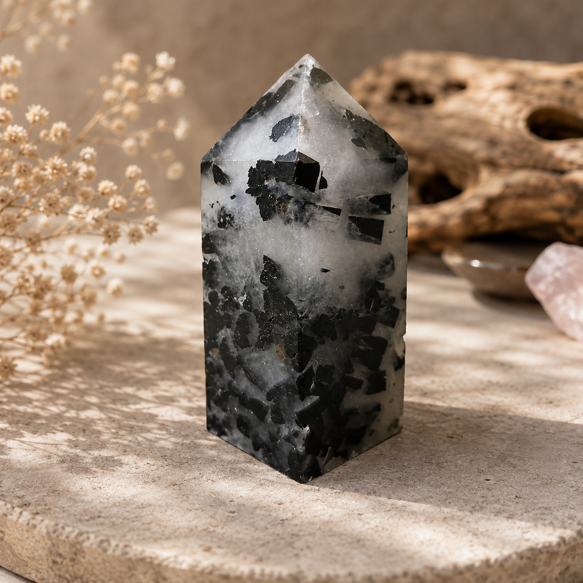 150g Tourmalinated Quartz crystal tower with black tourmaline inclusions