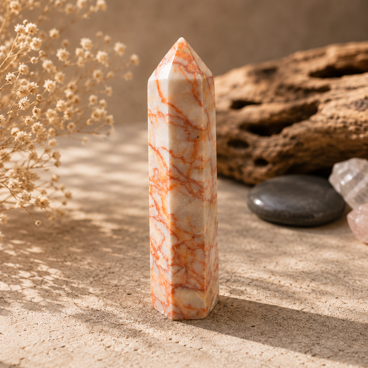 77g Red Vein Jasper crystal tower with red rust and orange veining