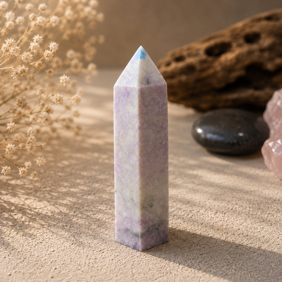 70g Lepidolite crystal tower in soft lavender and creamy white tones