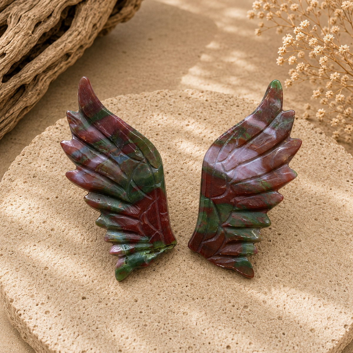Mini Unakite crystal wings with earthy green and dusty pink colouring