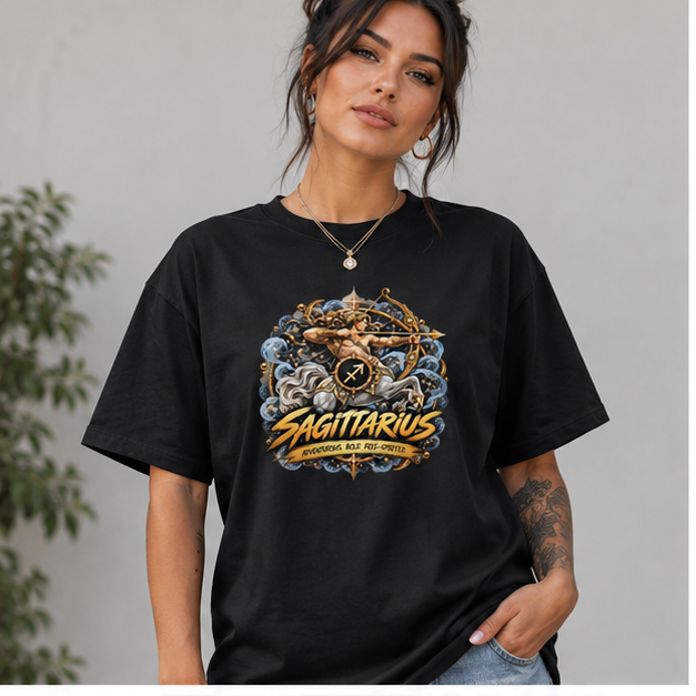 Sagittarius Zodiac T-Shirt — black shirt, front design