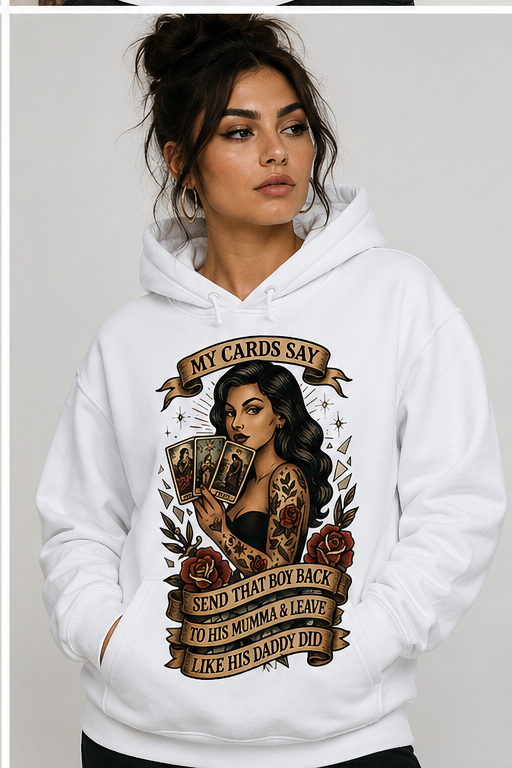 Send That Boy Back tarot hoodie white front mockup