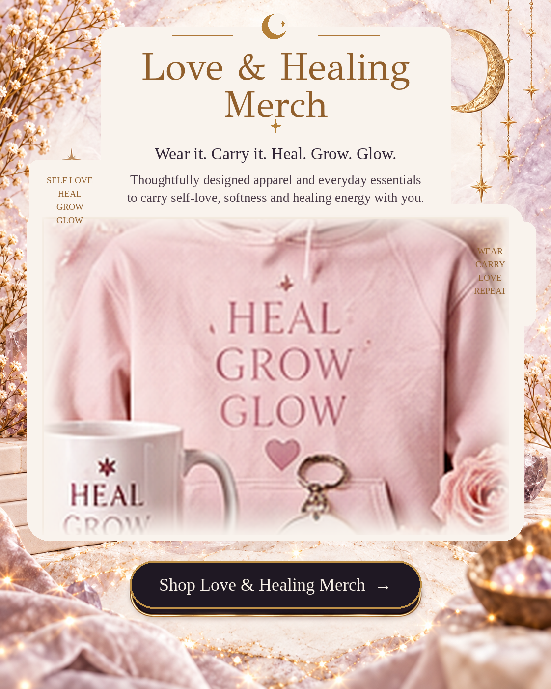 SoulStone Co. Love and Healing merch panel