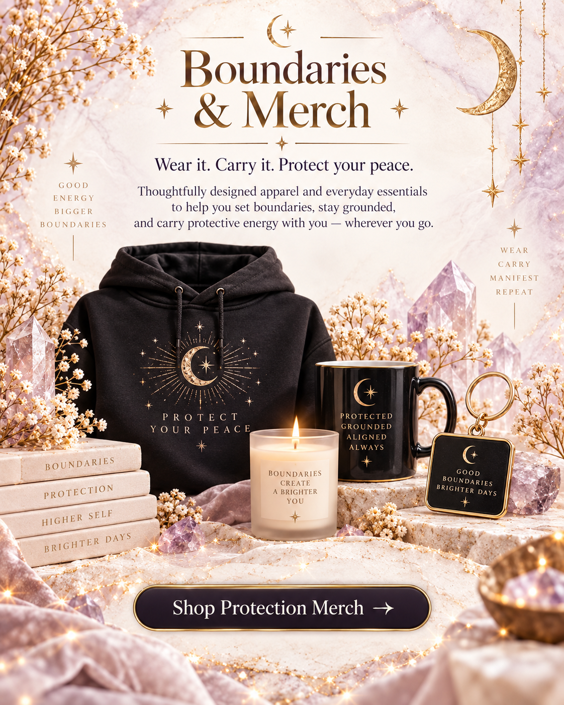 SoulStone protection and boundaries merch with shop protection merch button