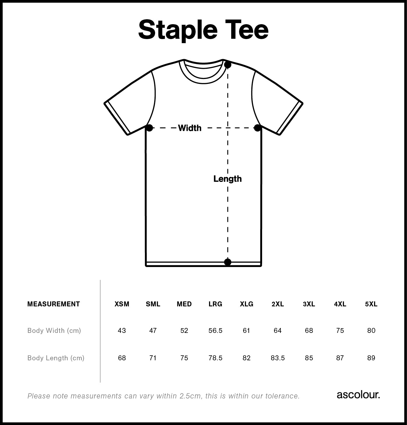 AS Colour Staple Tee 5001 size guide