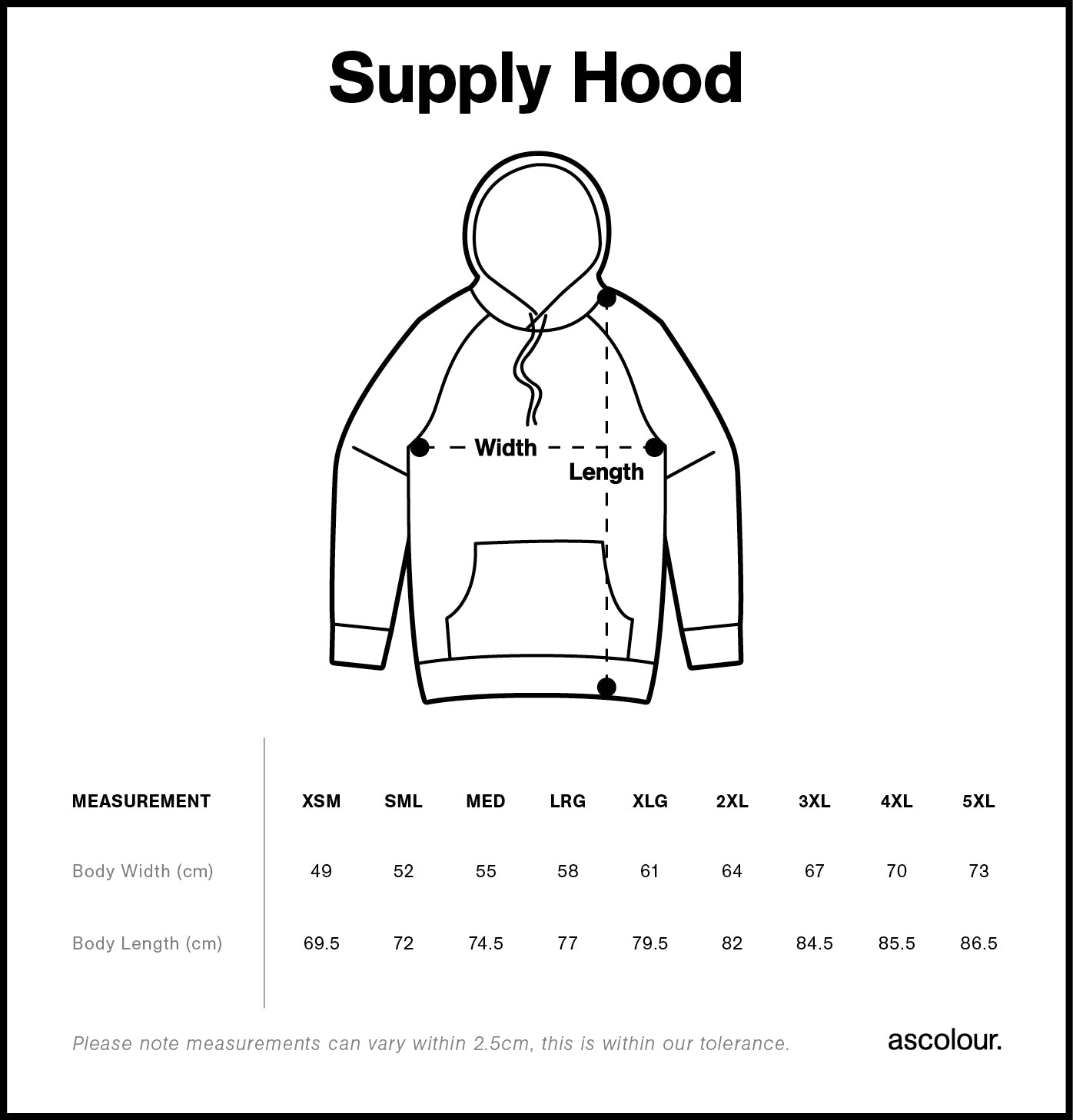 AS Colour Supply Hood 5101 size guide